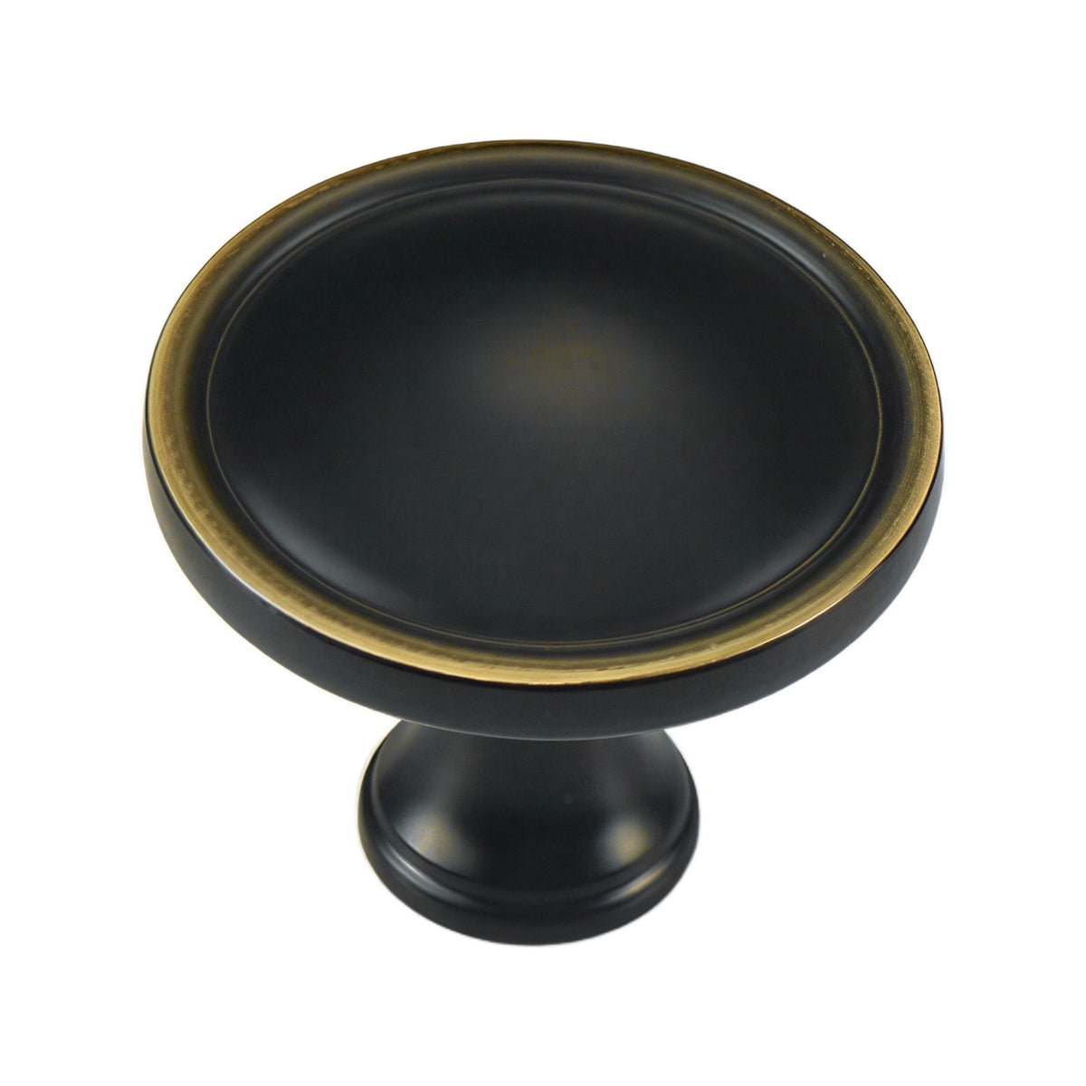 Black concave round cabinet knob with a gold-tone rim, option No. 14.