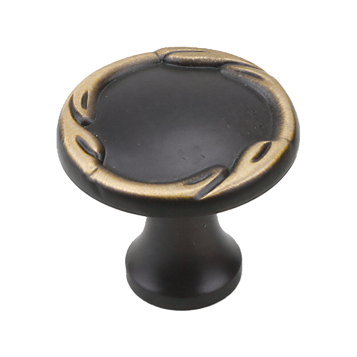 Black round cabinet knob with a dished face and gold-tone leaf rim, option No. 3.