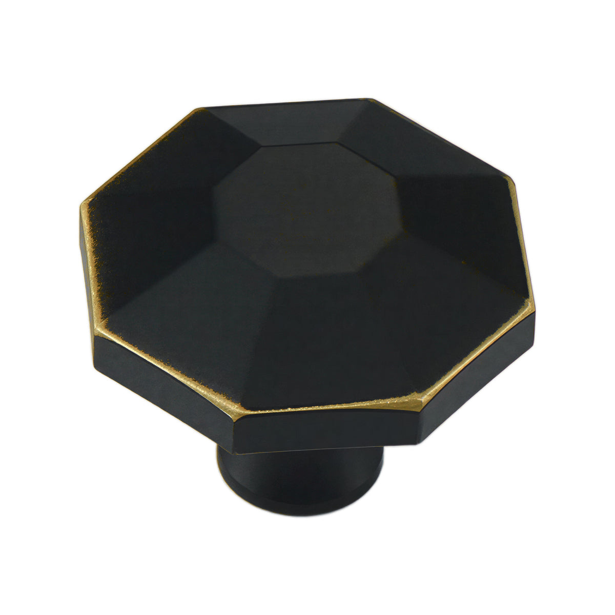 Black faceted octagonal cabinet knob with gold-tone edges, option No. 3.