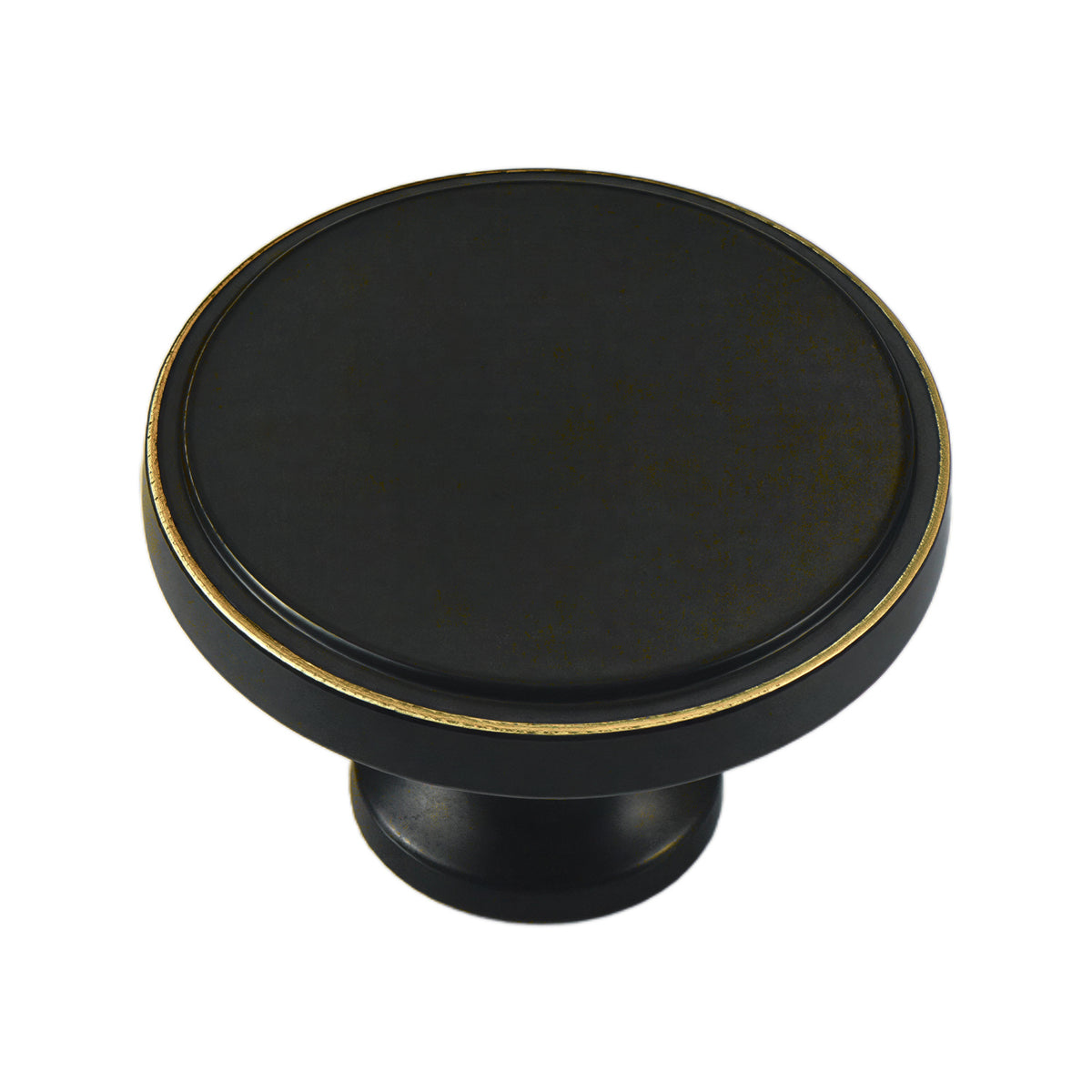 Black flat round cabinet knob with a gold-tone rim, option No. 8.