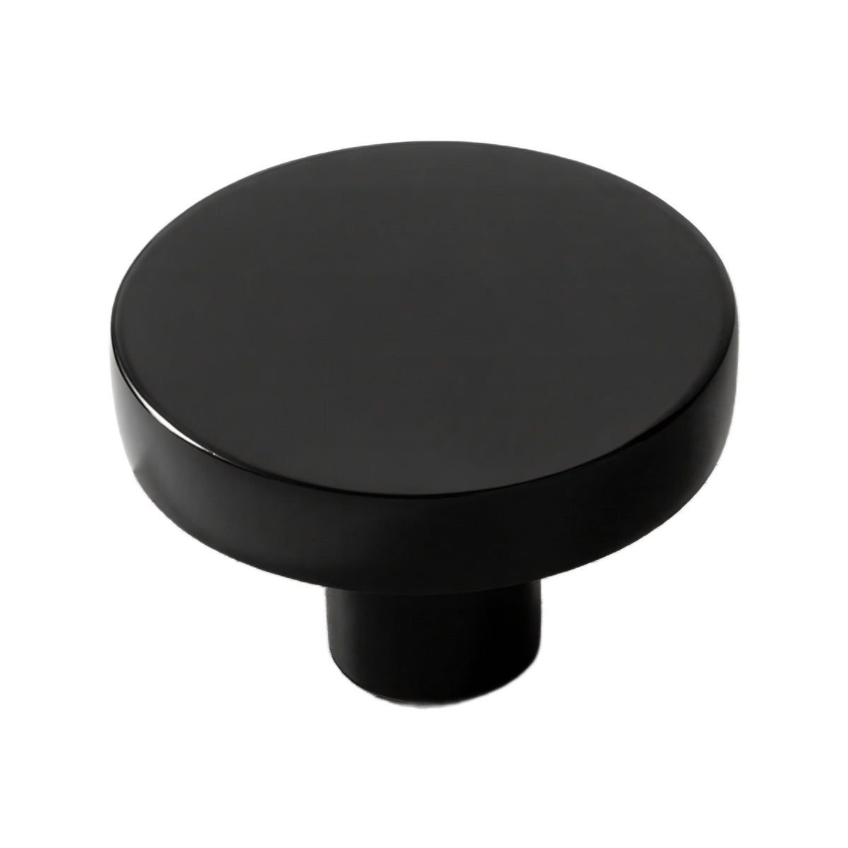 Black round cabinet knob with a flat top, 35 mm.