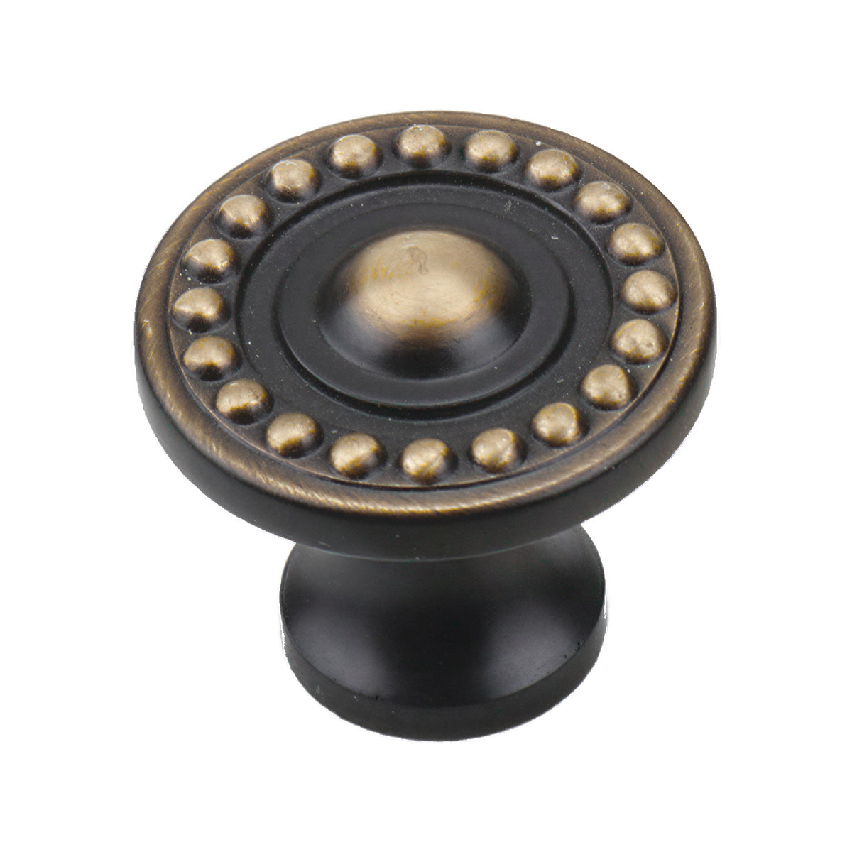 Black round cabinet knob with a gold-tone beaded ring and raised center, option No. 4.