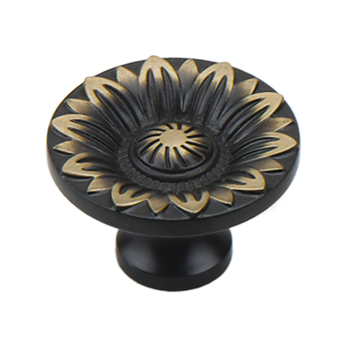 Black round cabinet knob with a raised gold-tone floral face, option No. 1.