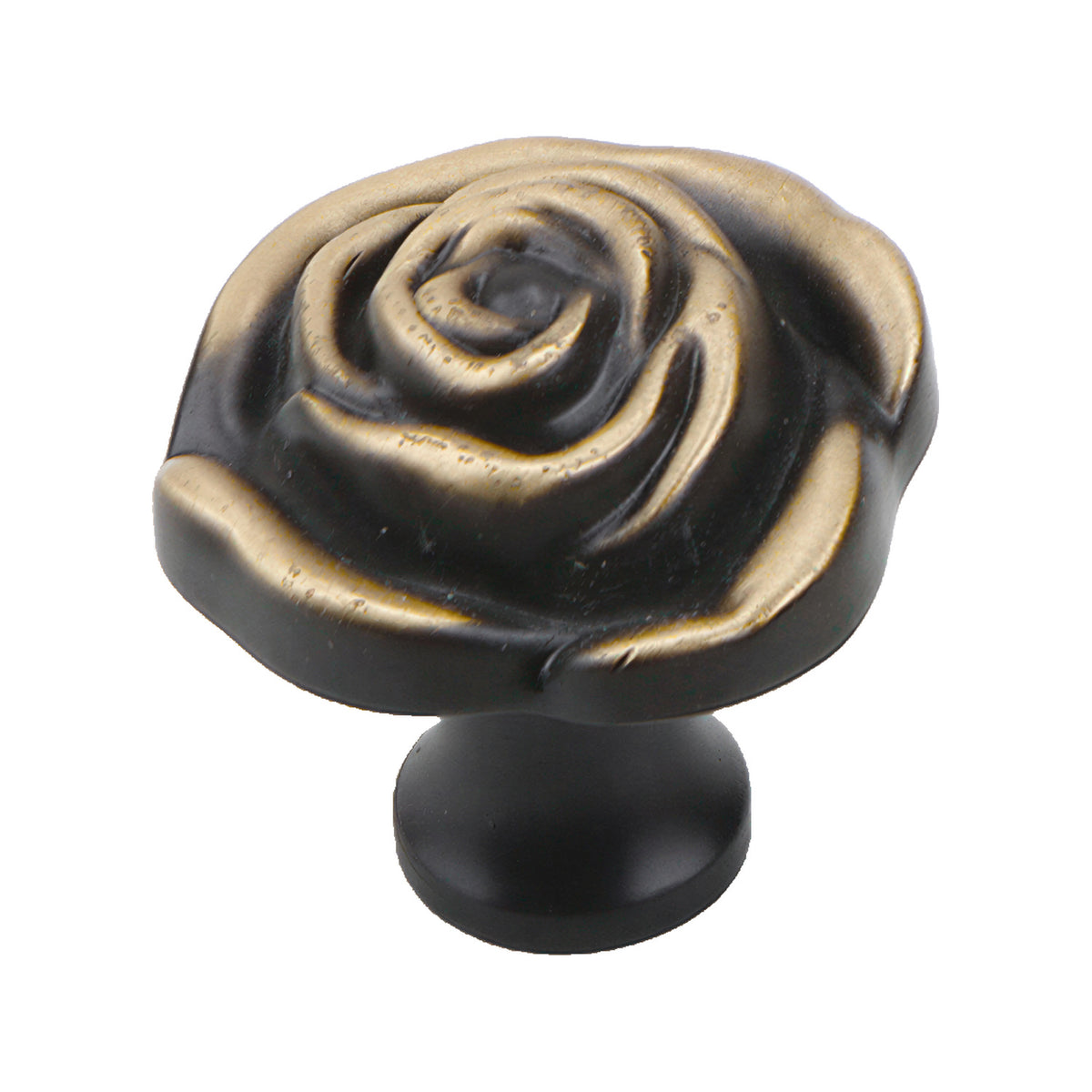 Black cabinet knob shaped like a gold-tone rose, option No. 6.