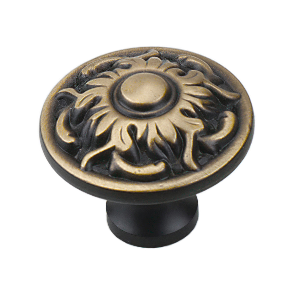 Black round cabinet knob with a raised gold-tone sunflower face, option No. 2.