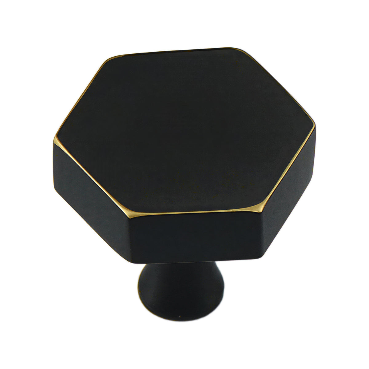 Black low-profile hexagonal cabinet knob with gold-tone edges, option No. 6.