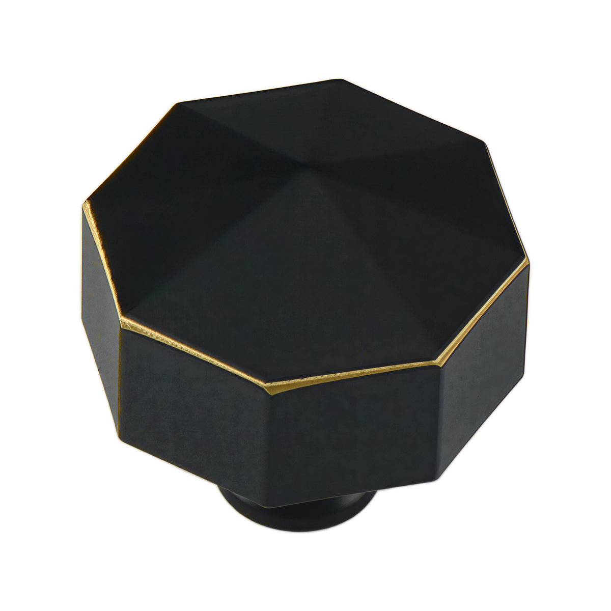 Black multifaceted geometric cabinet knob with gold-tone edges, option No. 5.
