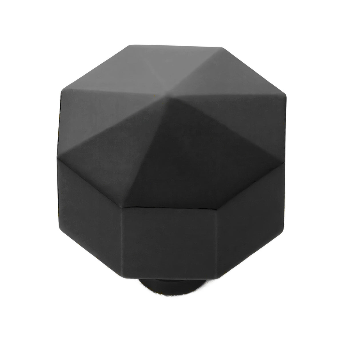 Black faceted cabinet knob with triangular faces meeting at the center, option No. 2.