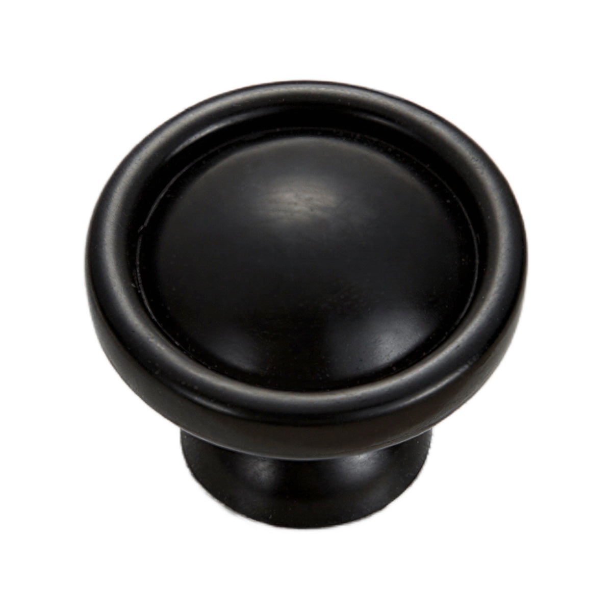 Black round cabinet knob with a recessed circular face, option No. 5.