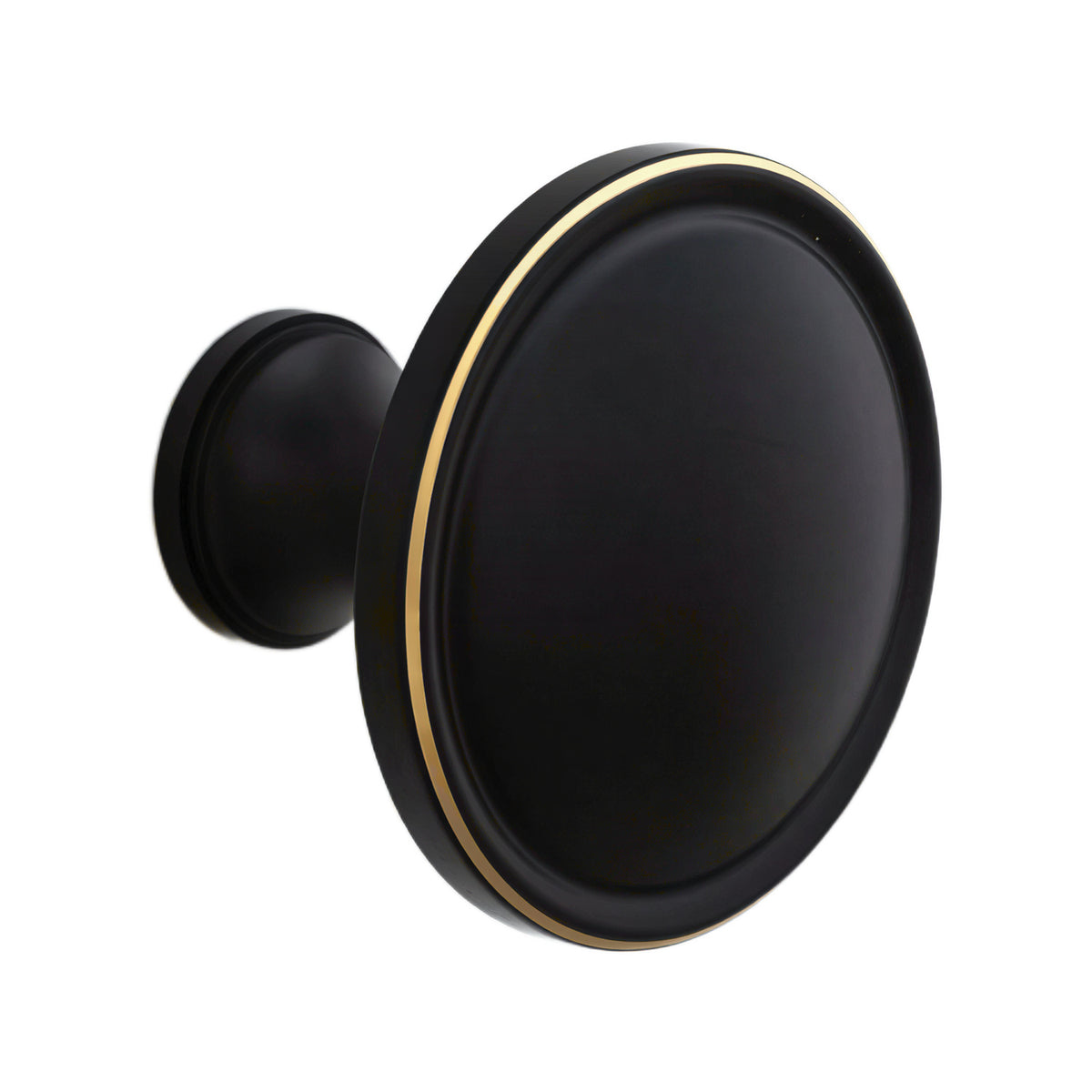 Black round cabinet knob with a dark face and brass-tone rim.