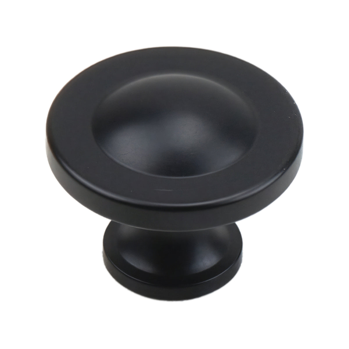 Black round cabinet knob with a deep dished face, option No. 2.