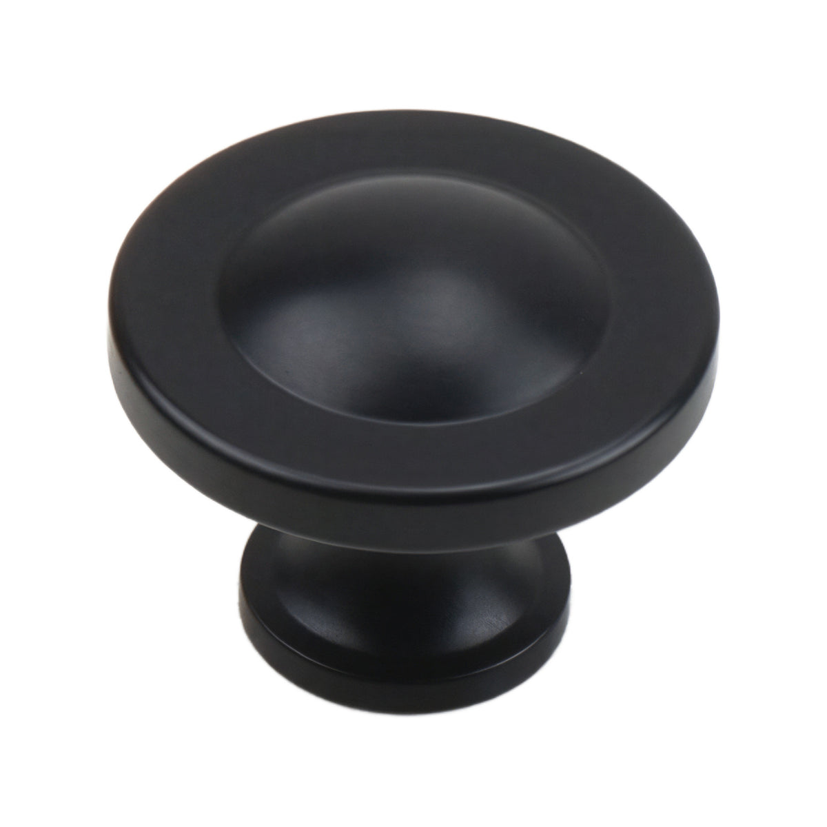 Black round cabinet knob with a deeply concave face, option No. 1.