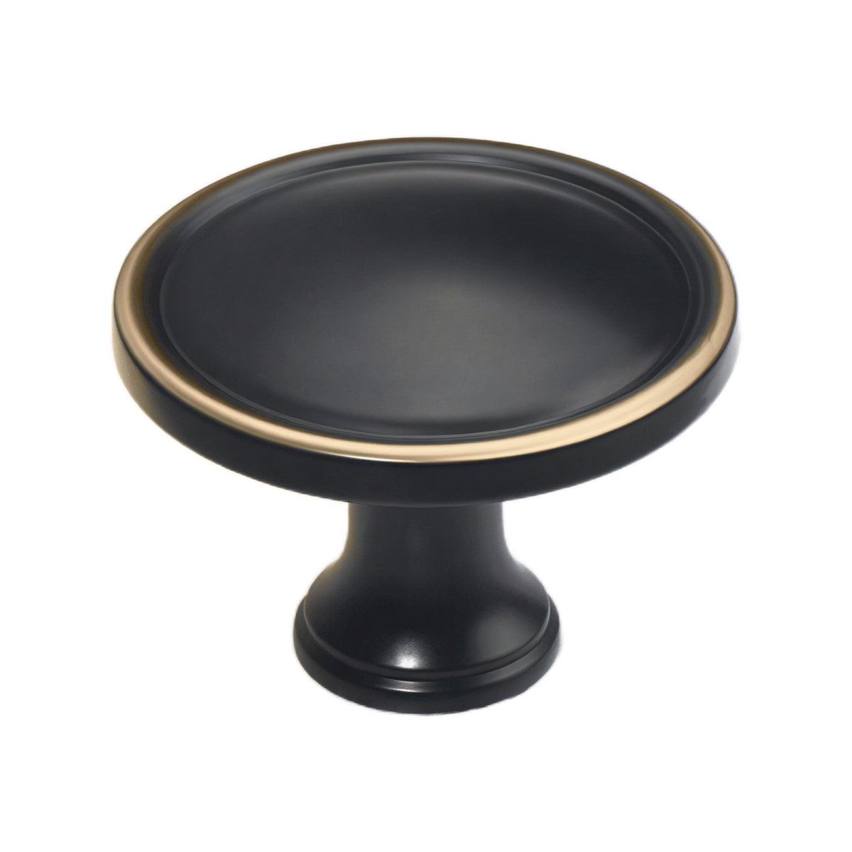 Black round cabinet knob with a shallow dished face, option No. 1.