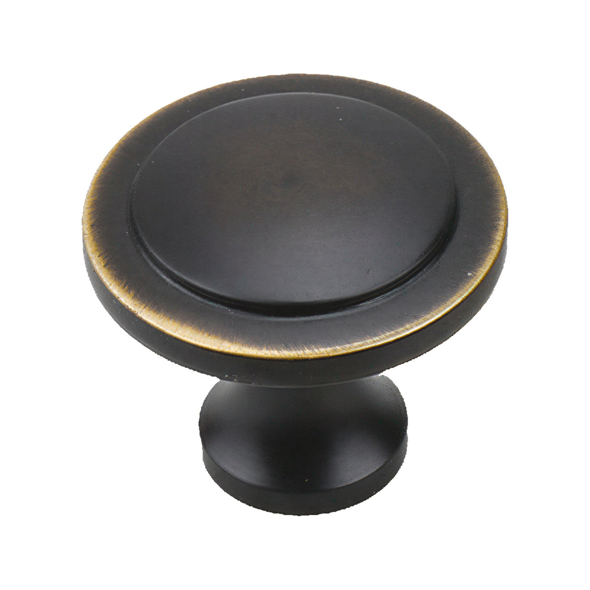 Black round cabinet knob with a flat face and gold-tone rim, option No. 5.