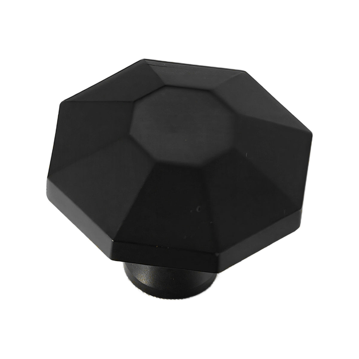 Black multi-faceted cabinet knob with a small flat center, option No. 1.