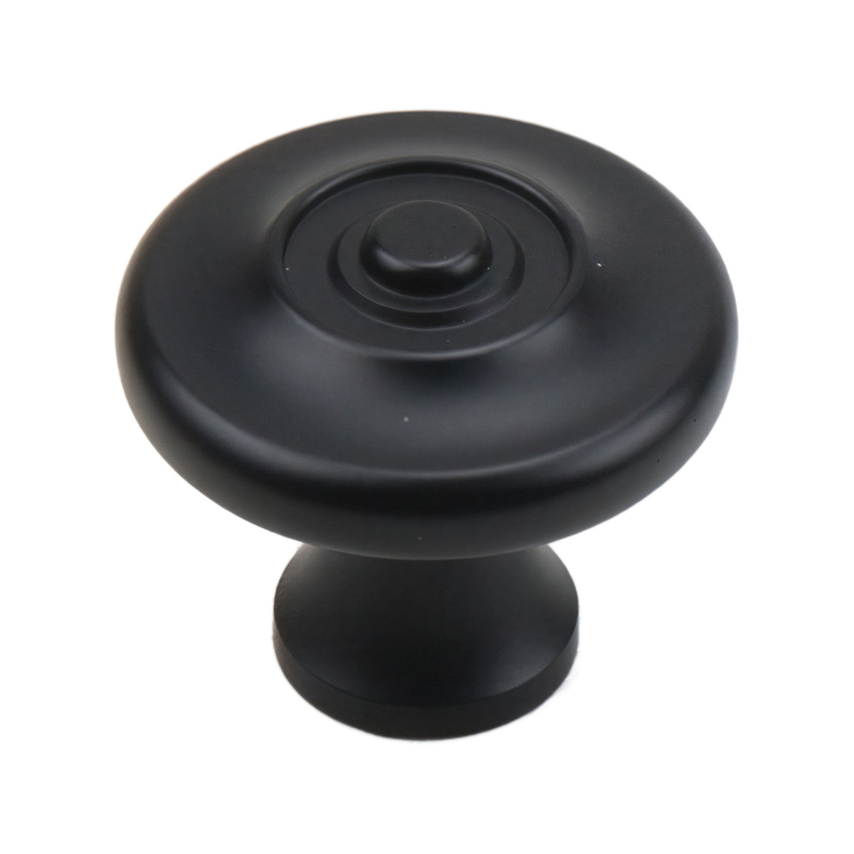 Black round cabinet knob with concentric rings and a raised center, option No. 1.