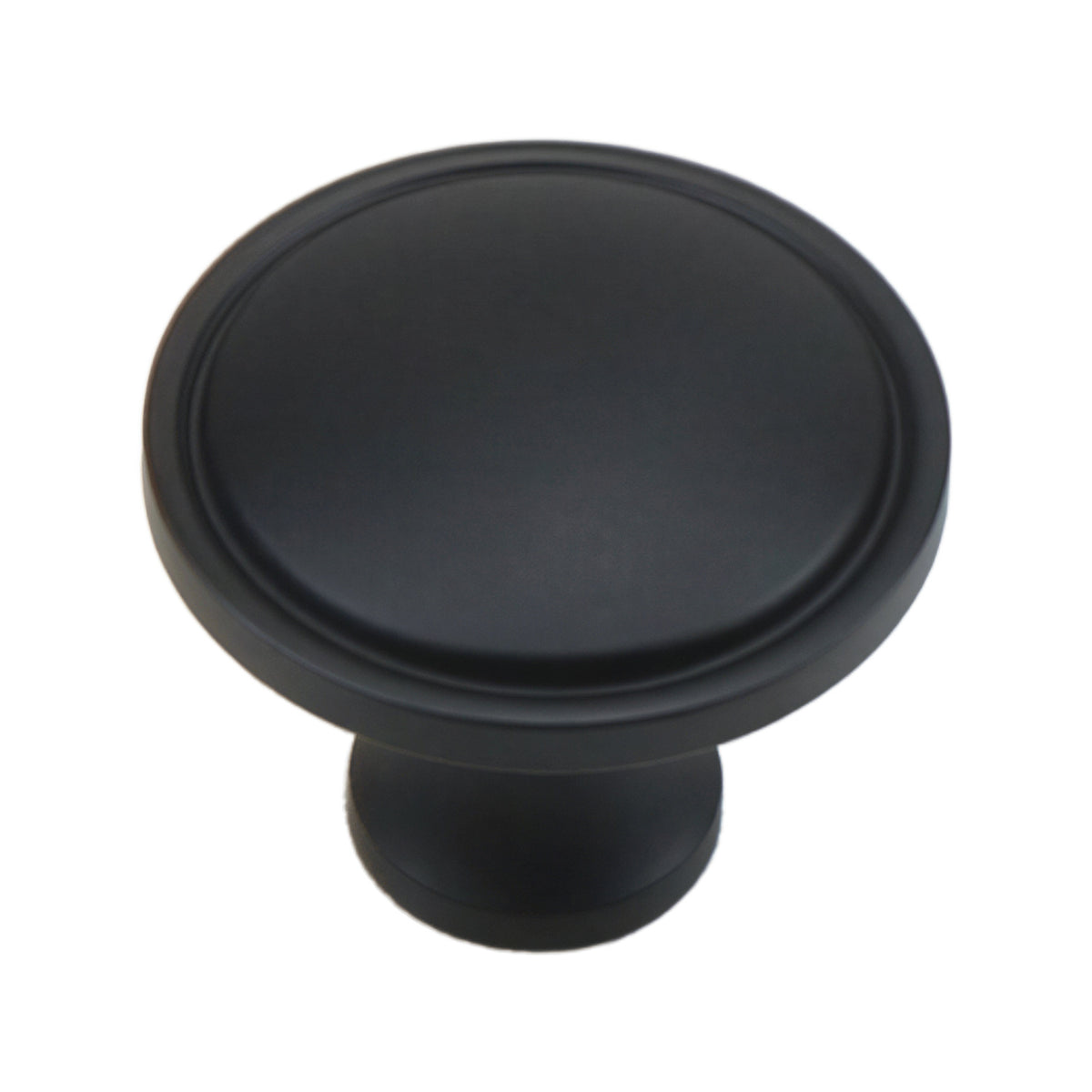 Black round cabinet knob with a recessed face and raised rim, option No. 2.