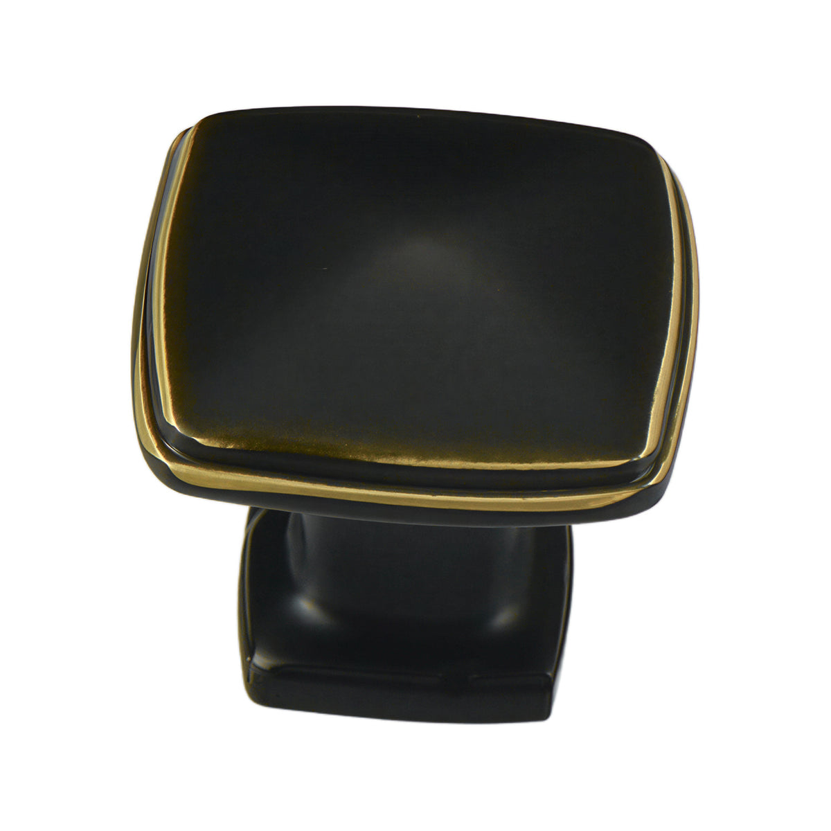 Black square cabinet knob with a concave face and gold-tone rim, option No. 12.