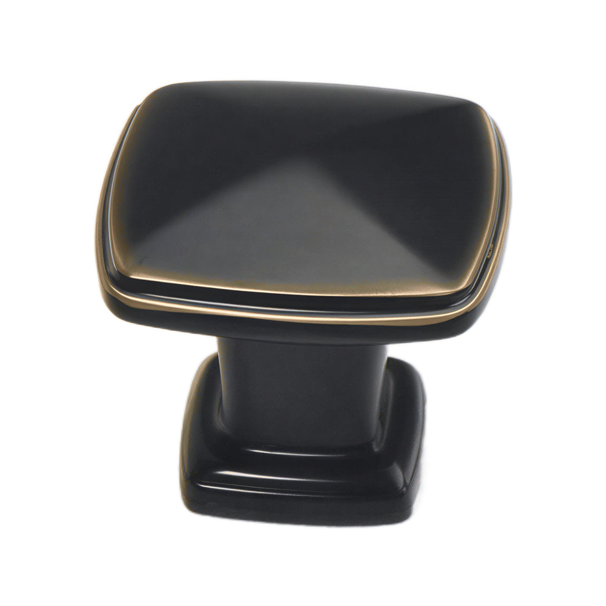 Black square cabinet knob with a shallow dished face, option No. 2.