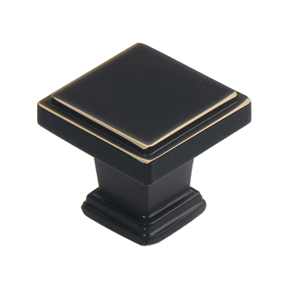 Black square cabinet knob with a flat top and stepped base, option No. 3.