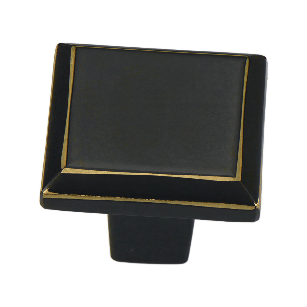 Black square cabinet knob with a fine gold-tone border, option No. 1.
