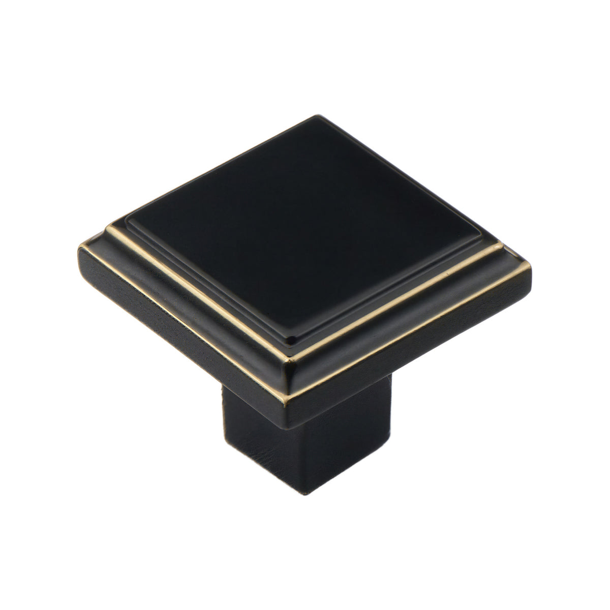 Black square cabinet knob with gold-tone trim, 33 mm.