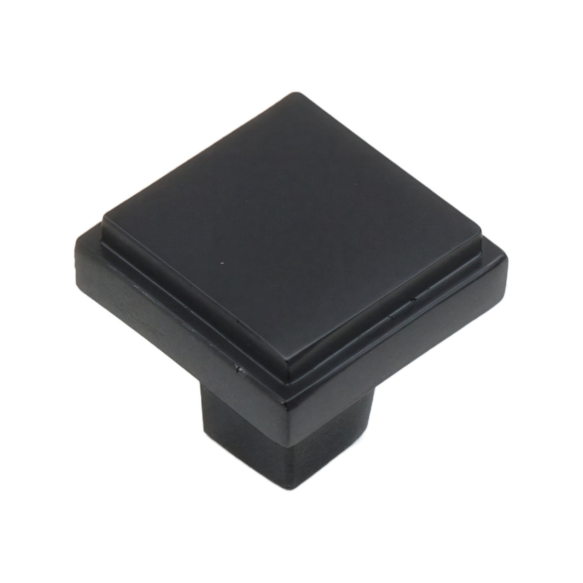 Black square cabinet knob with a stepped rim and flat top, option No. 3.