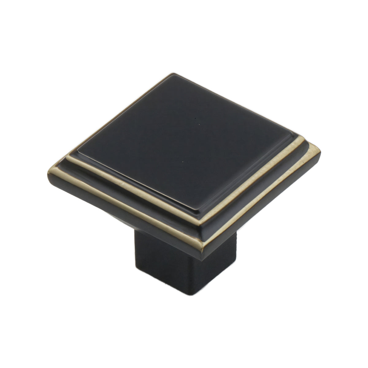 Black square cabinet knob with gold-tone trim, option No. 1, 33 mm.