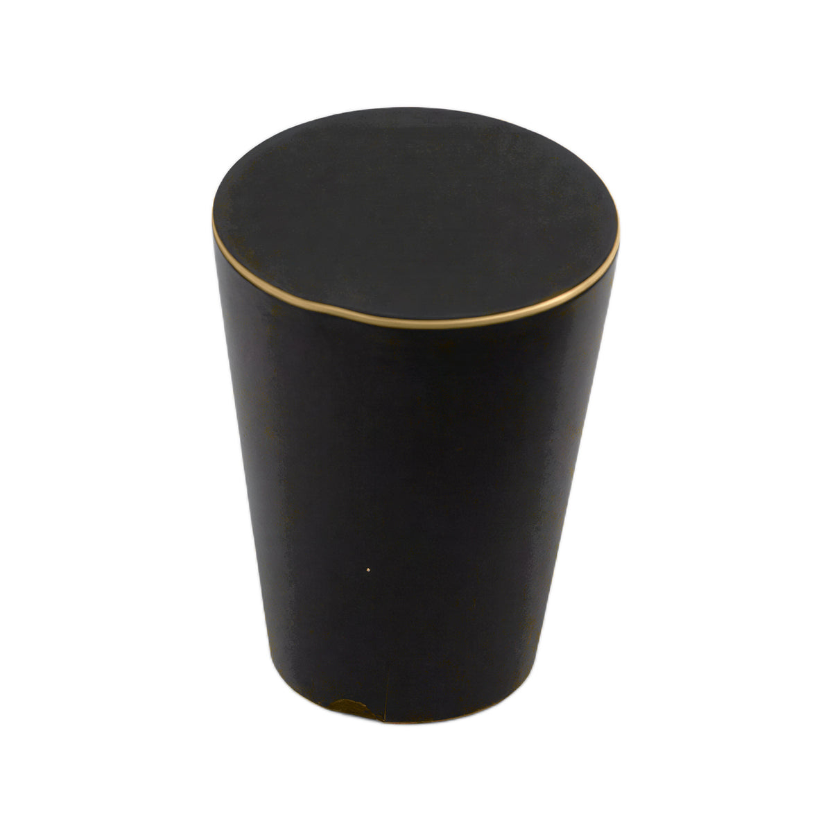 Black tapered conical cabinet knob with a thin brass-tone rim.