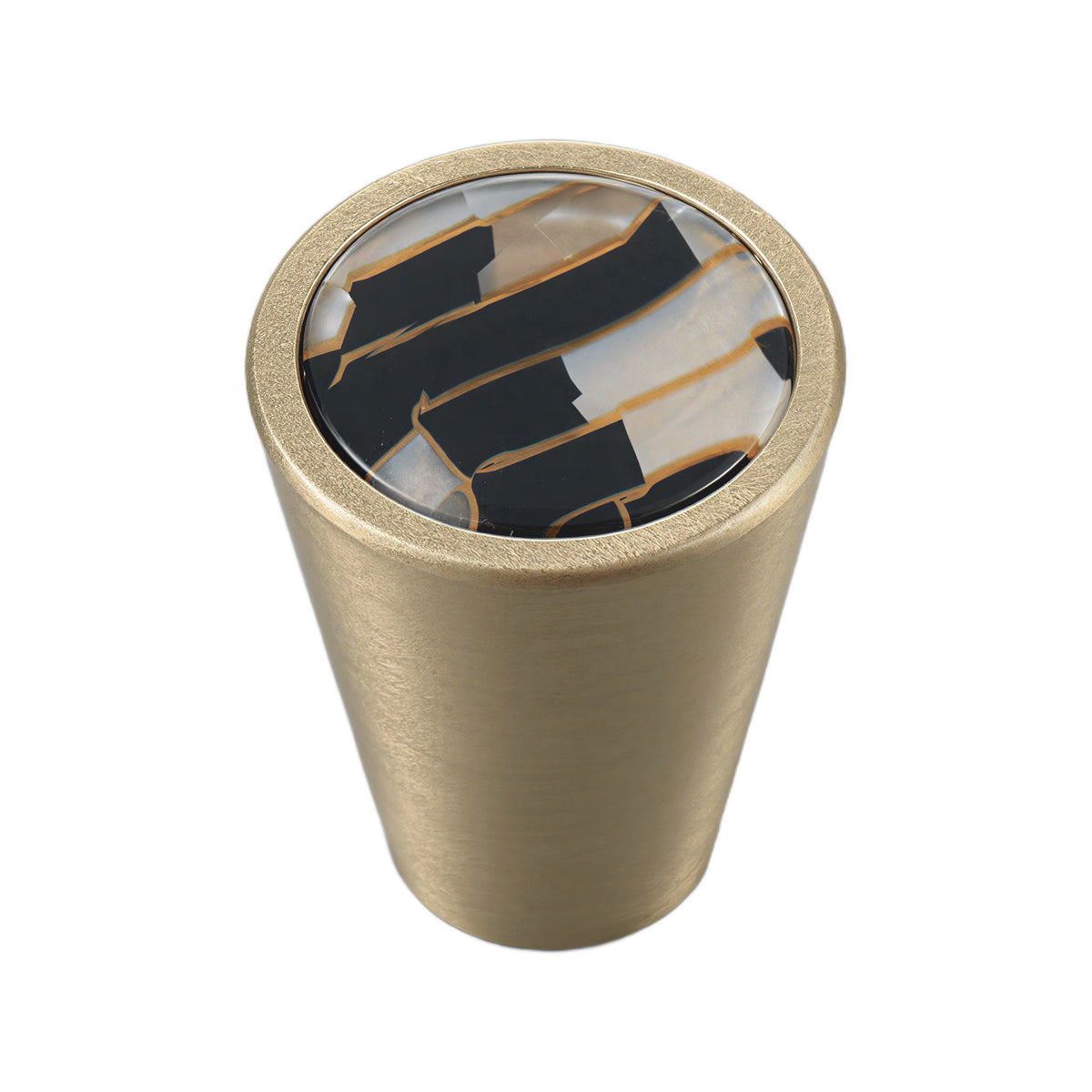 Solid brass conical cabinet knob with a black and gold geometric resin inlay, option No. 7.