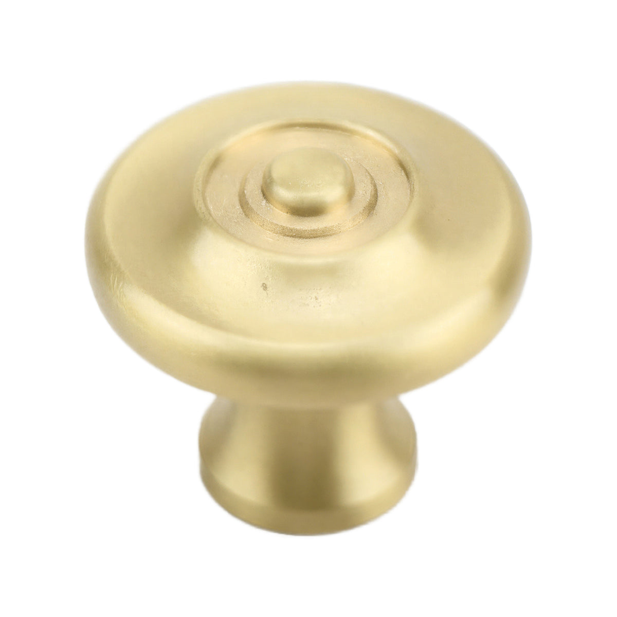 Brass-tone round cabinet knob with concentric rings and a raised center, option No. 1.