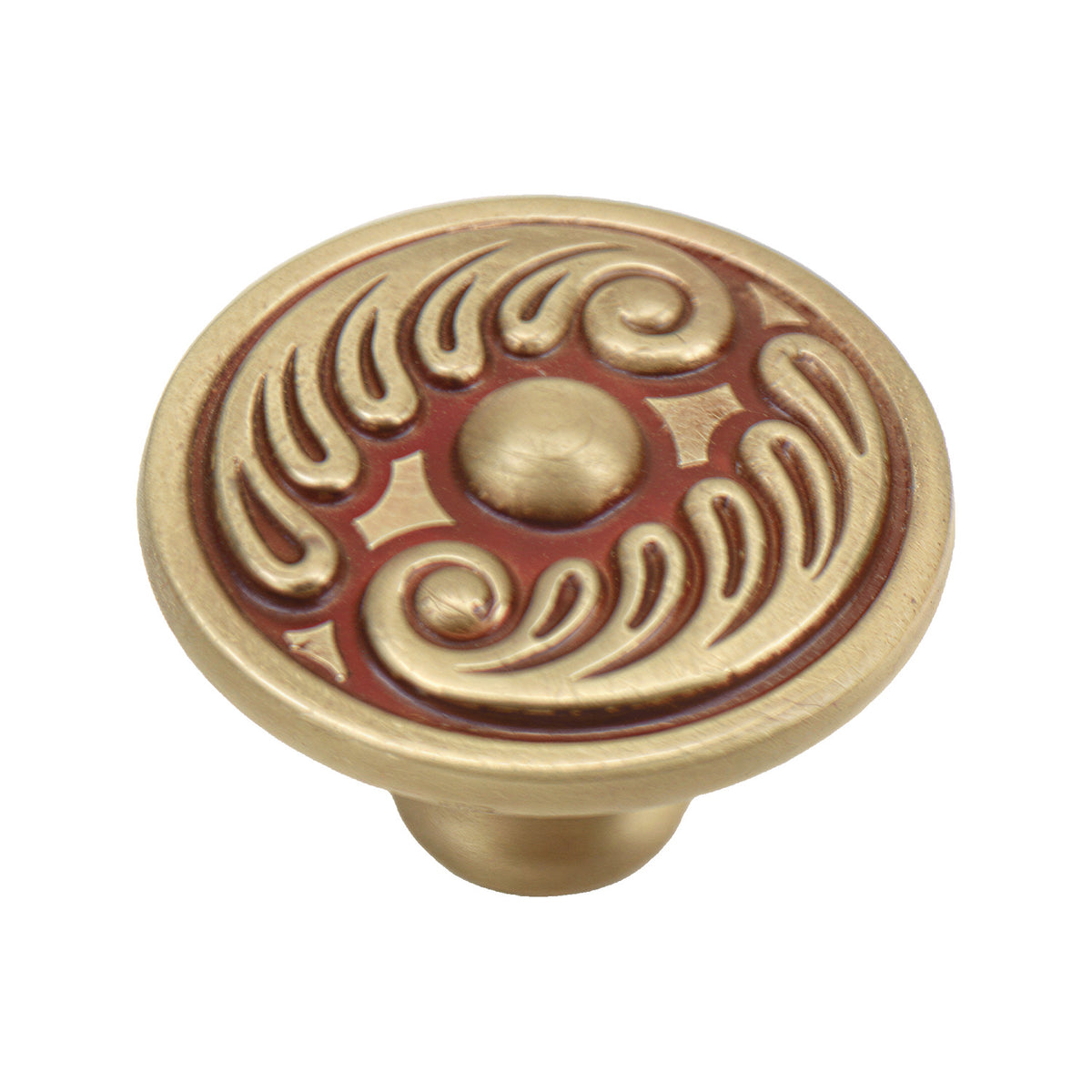 Brass-tone round cabinet knob with a red inset and raised scroll pattern, option No. 2.