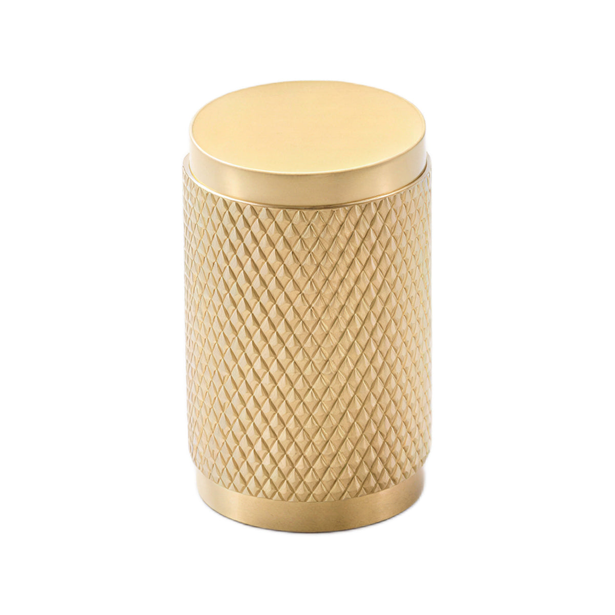 Brass-tone cylindrical cabinet knob with a diamond-knurled body and smooth round top, option No. 2.