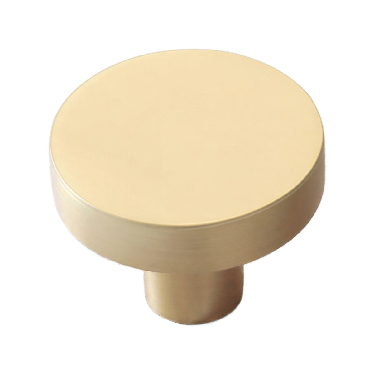 Brass-tone round cabinet knob with a flat top, 30 mm.