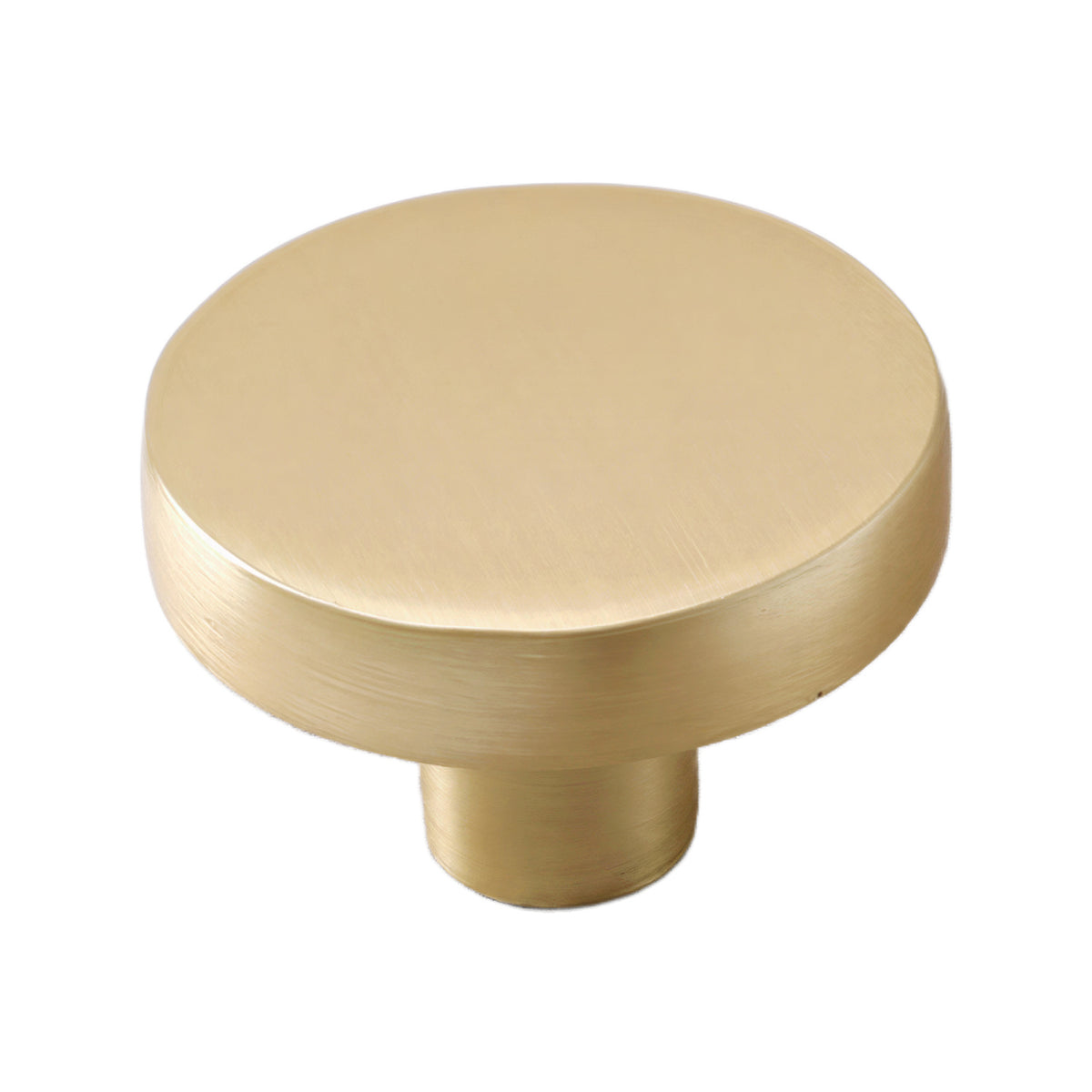 Brass-tone round cabinet knob with a flat top, 35 mm.
