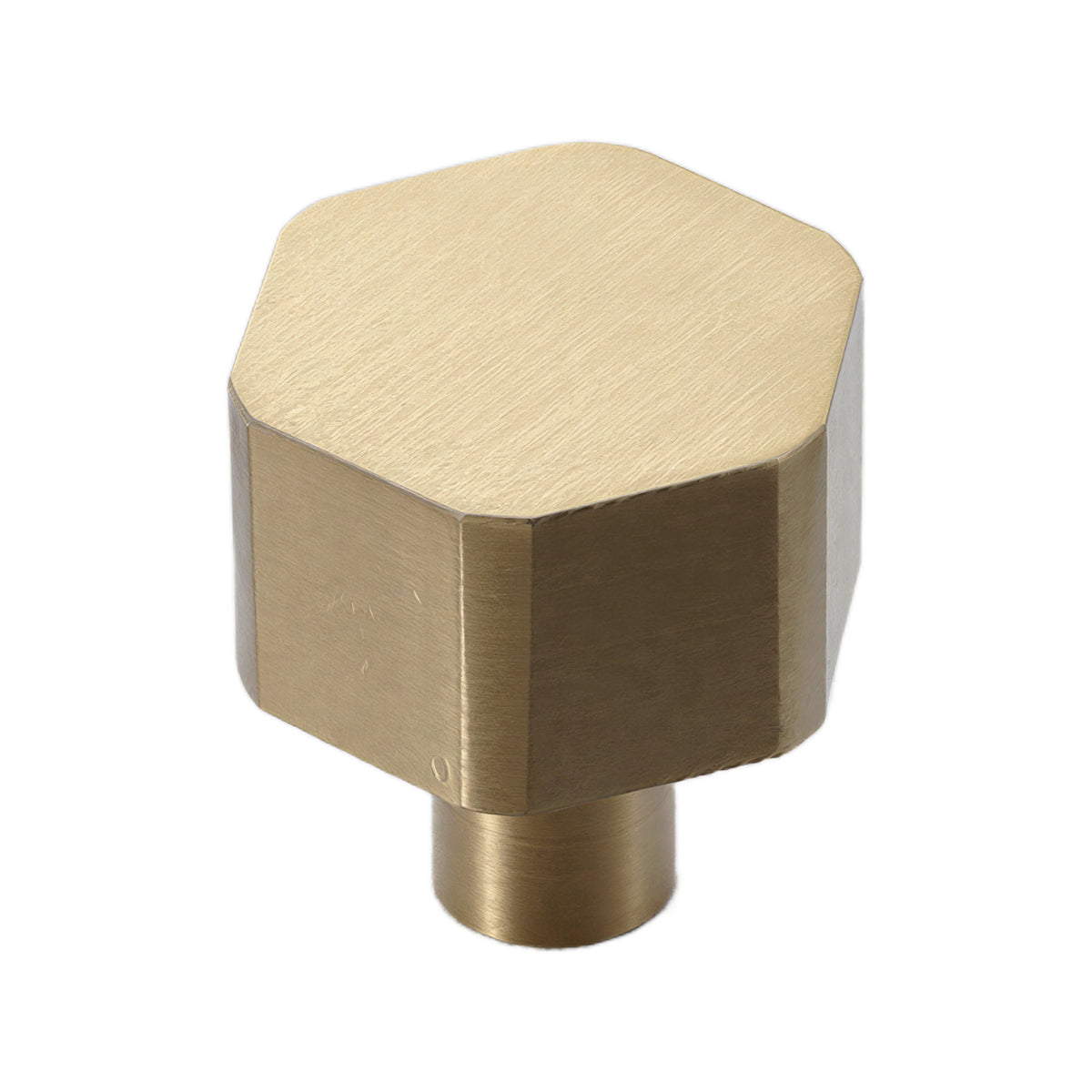 Brass-tone hexagonal cabinet knob with a tall straight-sided body, option No. 5.