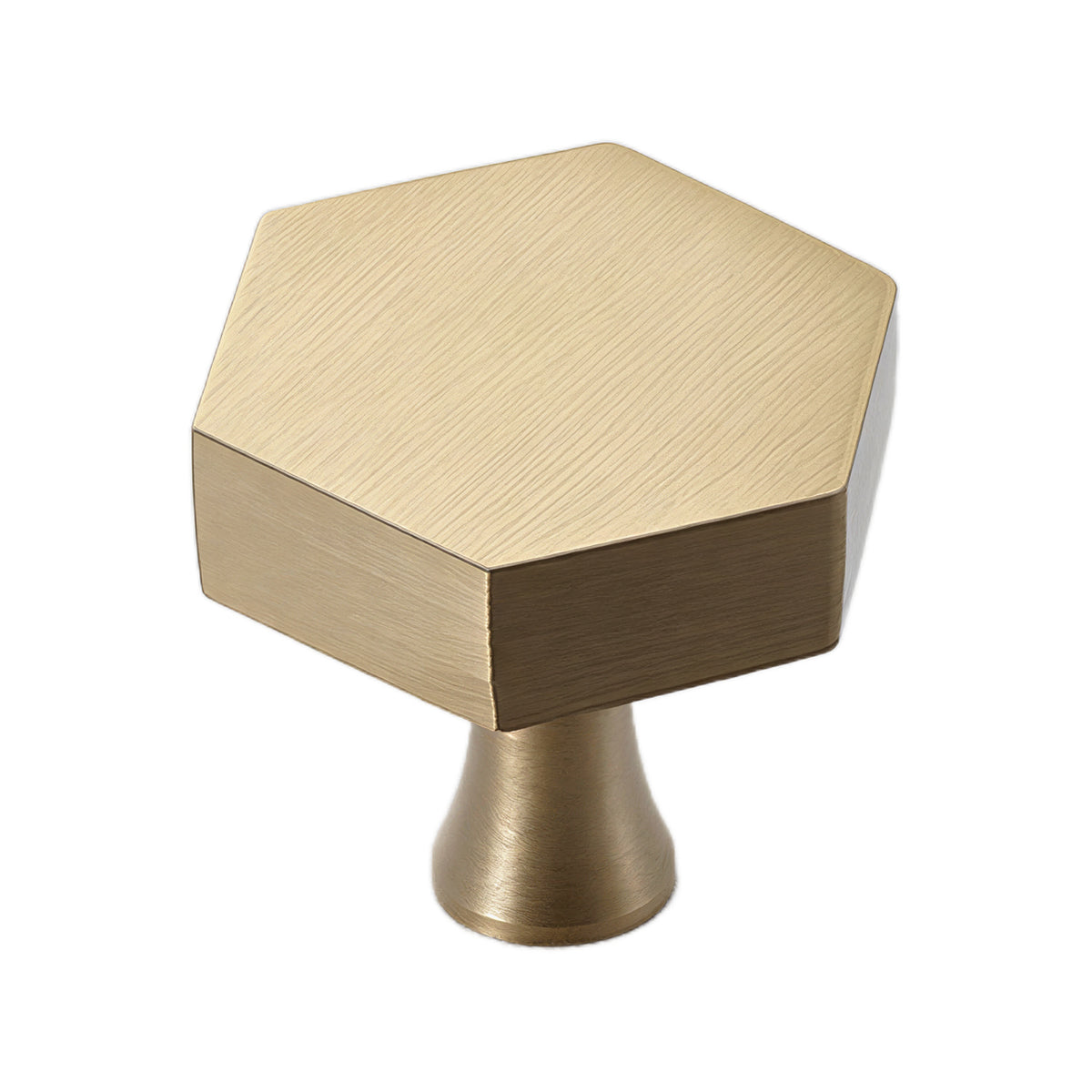 Brass-tone low hexagonal cabinet knob with a flat top, option No. 6.