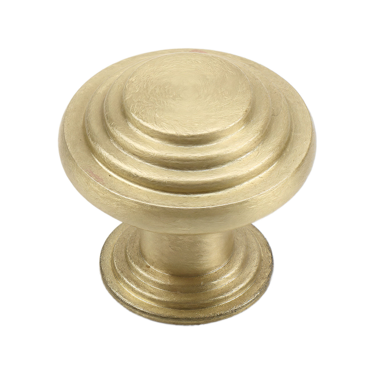Brass-tone round cabinet knob with concentric stepped rings, option No. 4.