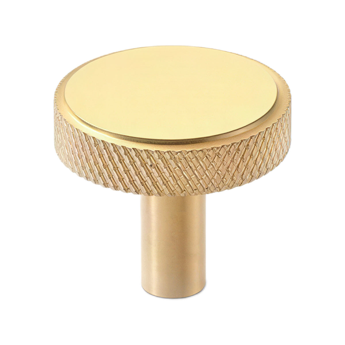 Brass-tone round disc cabinet knob with a knurled edge and straight stem, option No. 3.