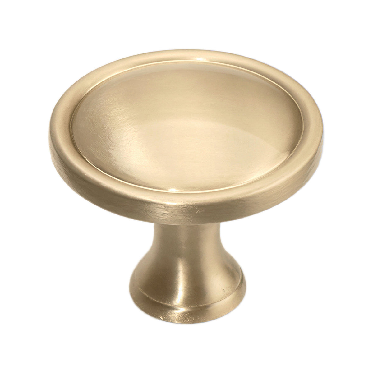 Brass-tone round cabinet knob with a shallow dished face, option No. 1.
