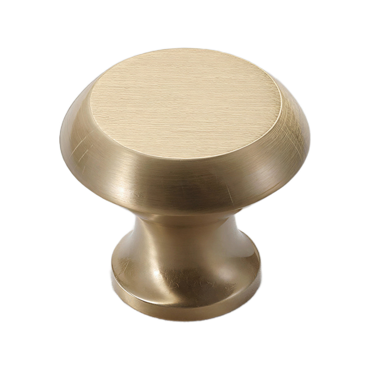 Brass-tone round cabinet knob with a smooth domed cap, option No. 7.