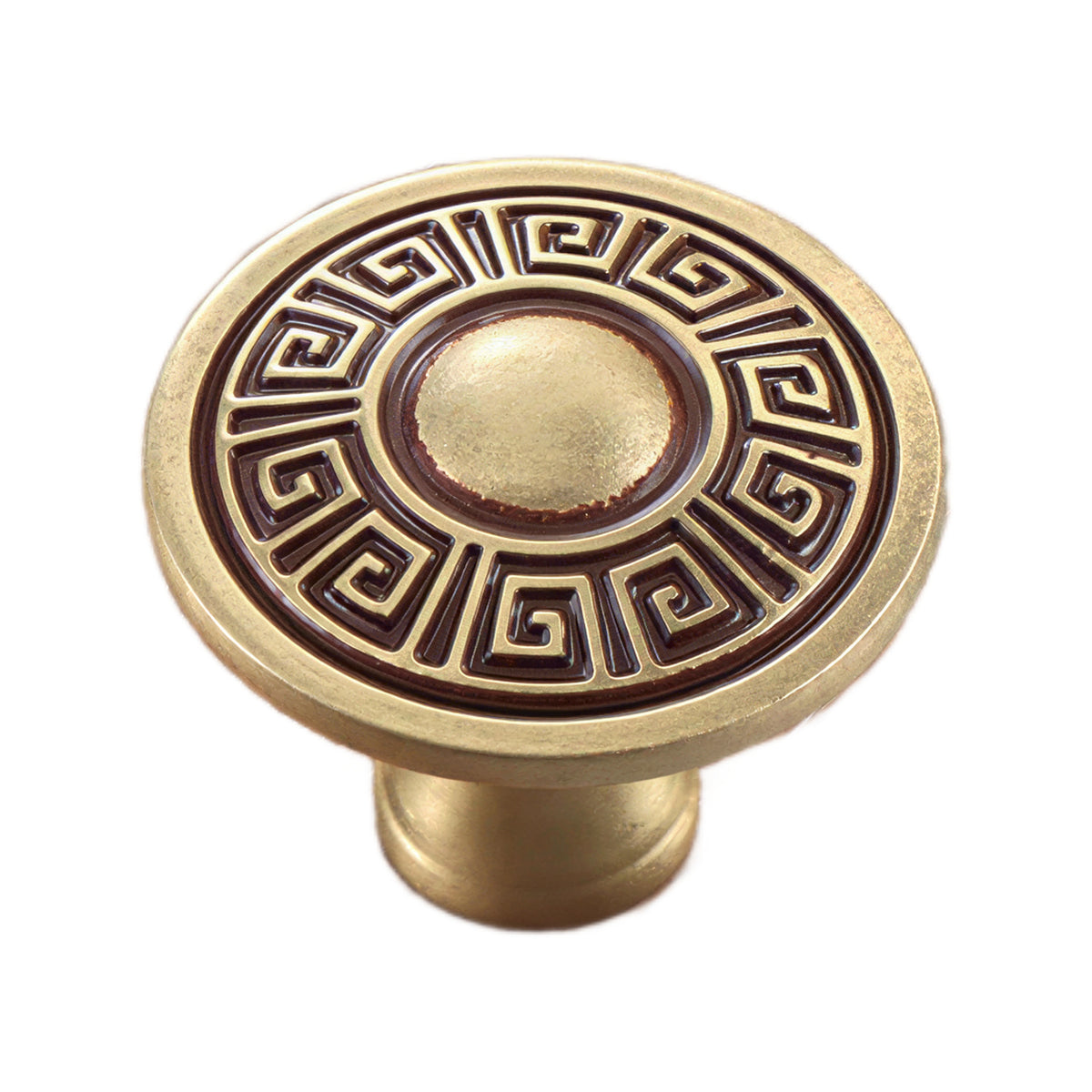 Brass-tone round cabinet knob with a Greek key border, option No. 1.