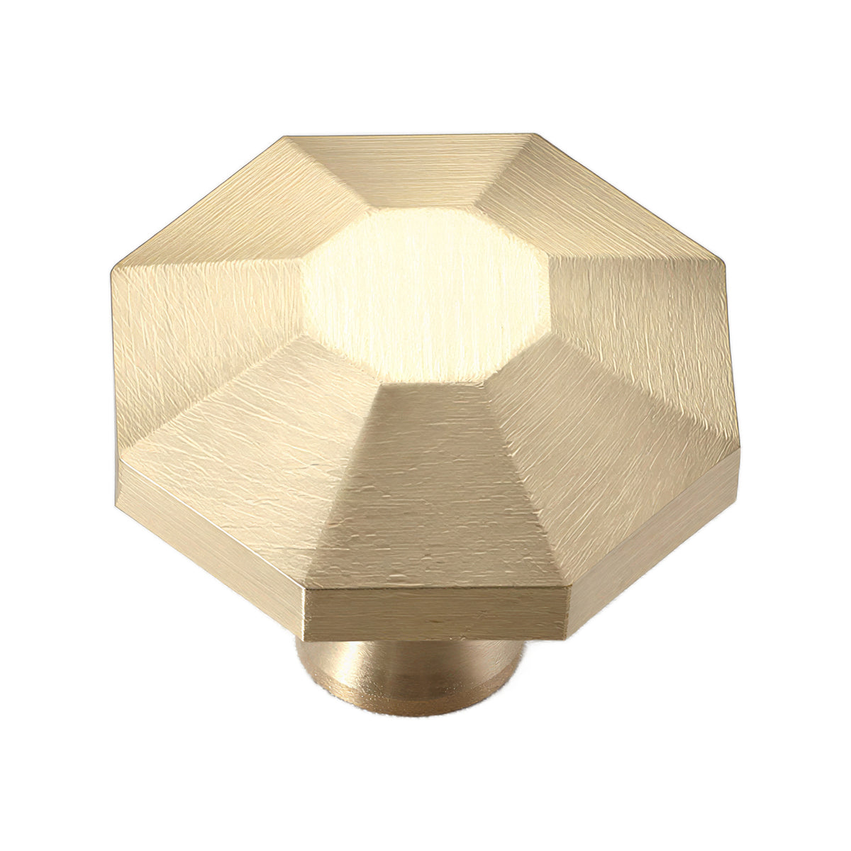 Brass-tone multi-faceted cabinet knob with a small flat center, option No. 1.