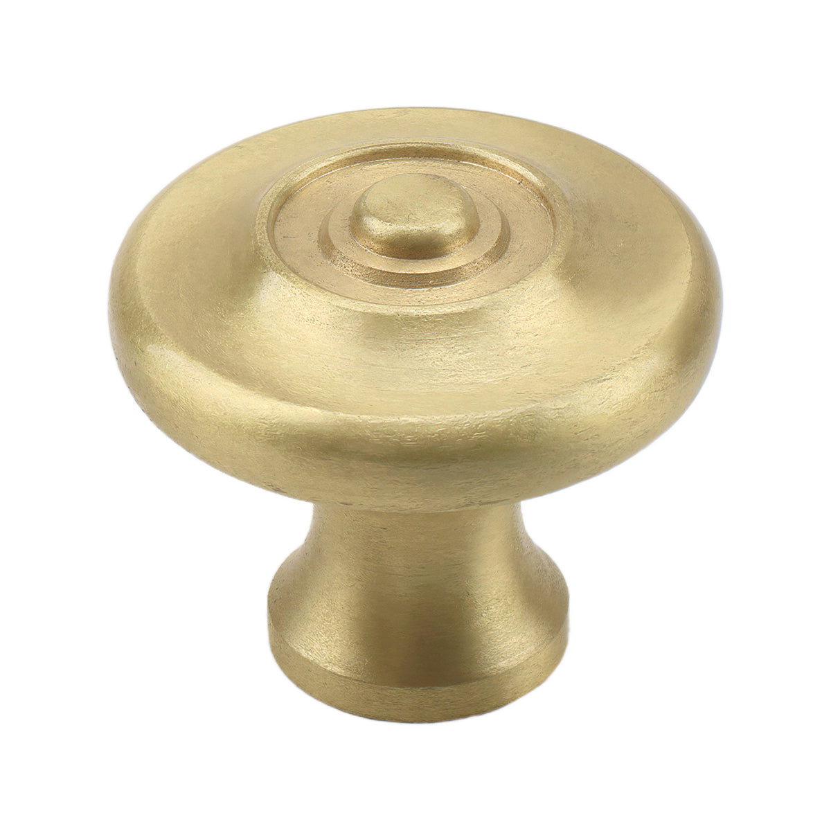 Brass-tone round cabinet knob with a raised circular center, option No. 2.