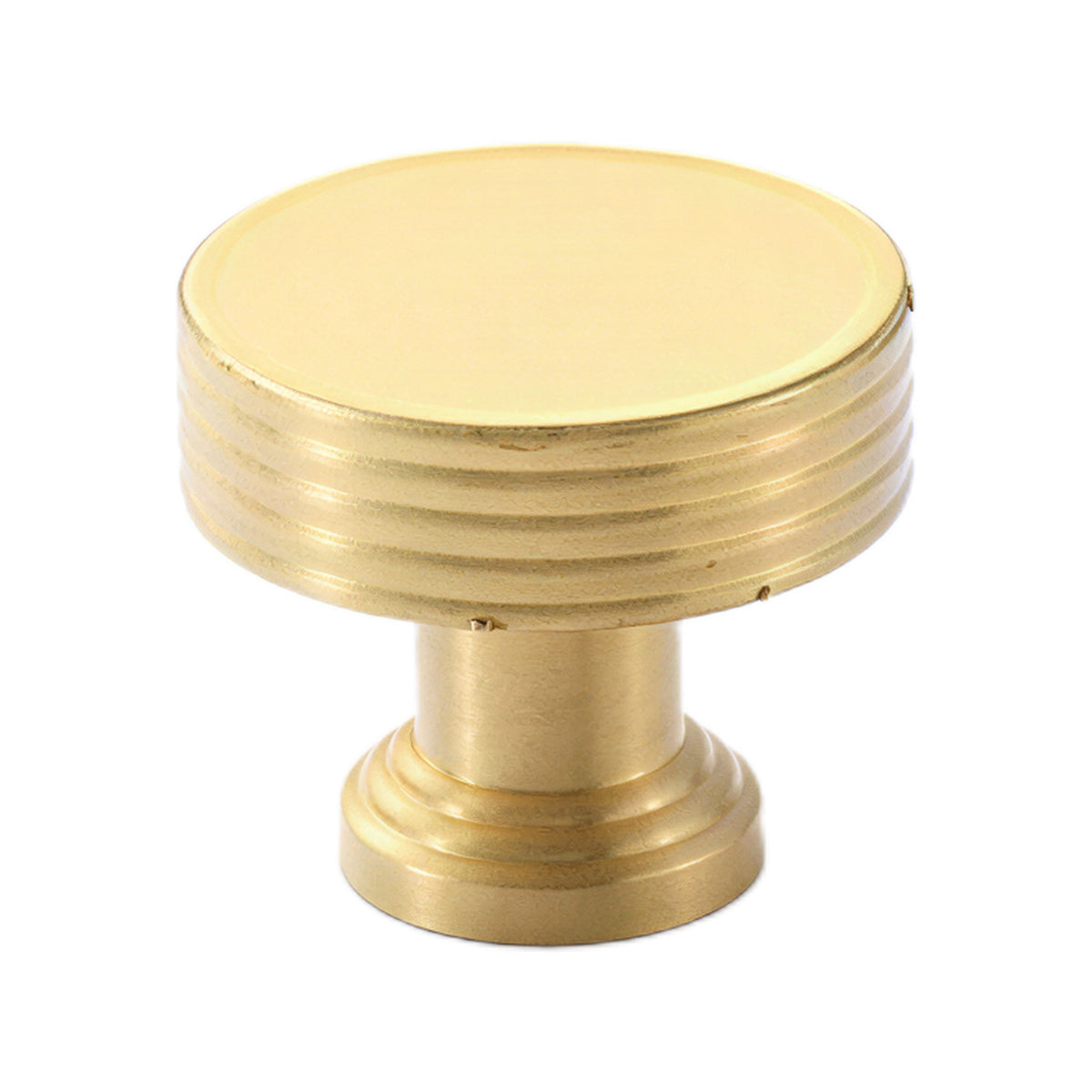Brass-tone round cabinet knob with a ribbed edge, 26 mm, option No. 6.