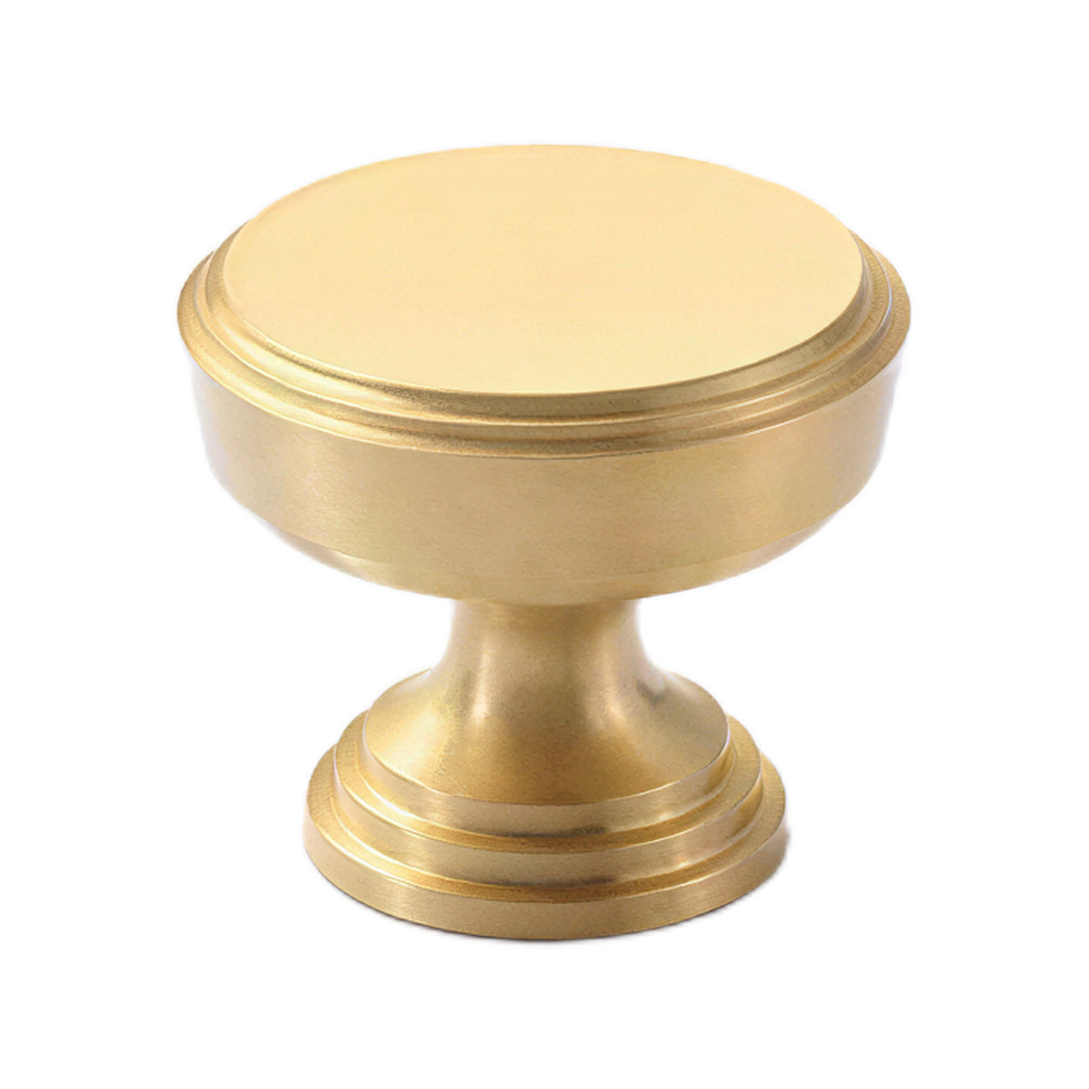 Brass-tone round cabinet knob with a smooth disc top and stepped base, option No. 4.
