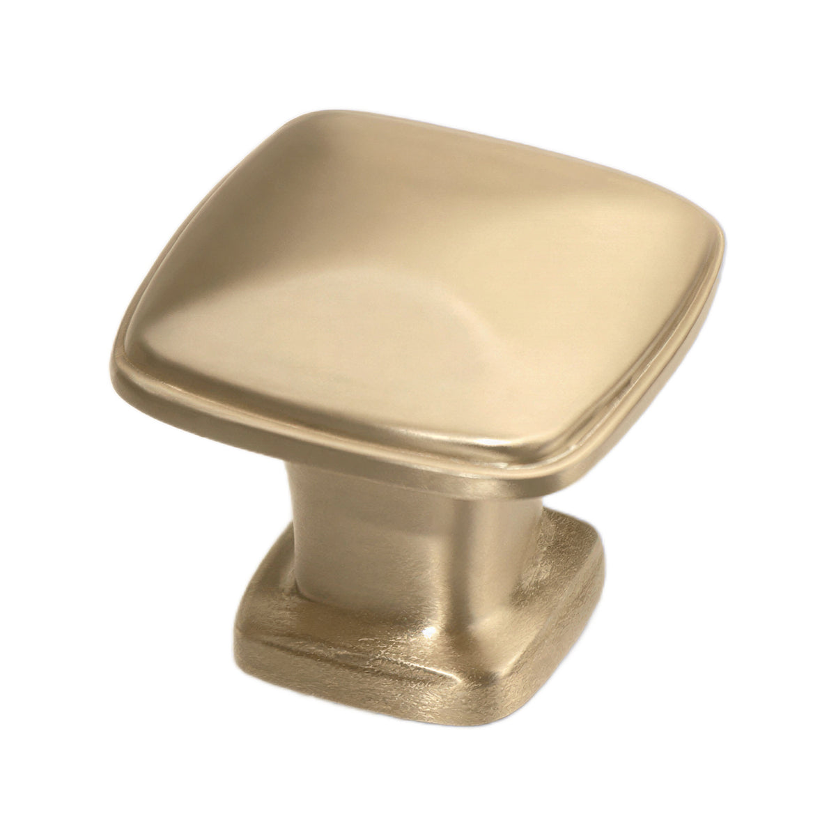 Brass-tone square cabinet knob with a shallow dished face, option No. 2.