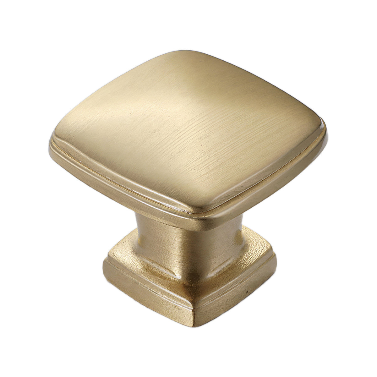 Brass-tone square cabinet knob with a softly domed top, option No. 1.