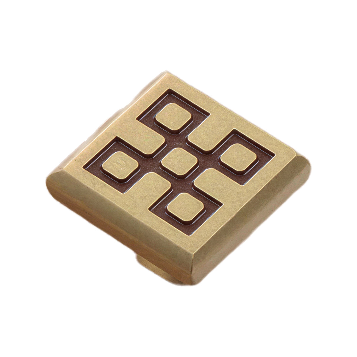 Brass-tone square cabinet knob with five raised squares, option No. 2.