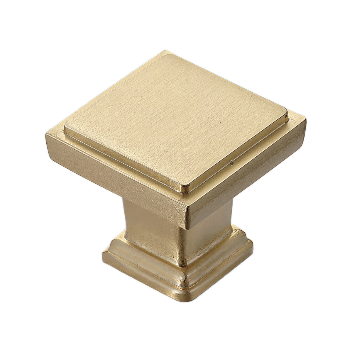Brass-tone square cabinet knob with a flat top and stepped edge, option No. 2.